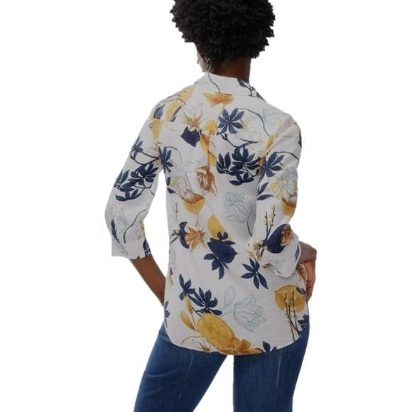 Chico’s No Iron Linen Shirt Size 16 Tropical Garden 3/4 Sleeve Gold NEW - Picture 10 of 14